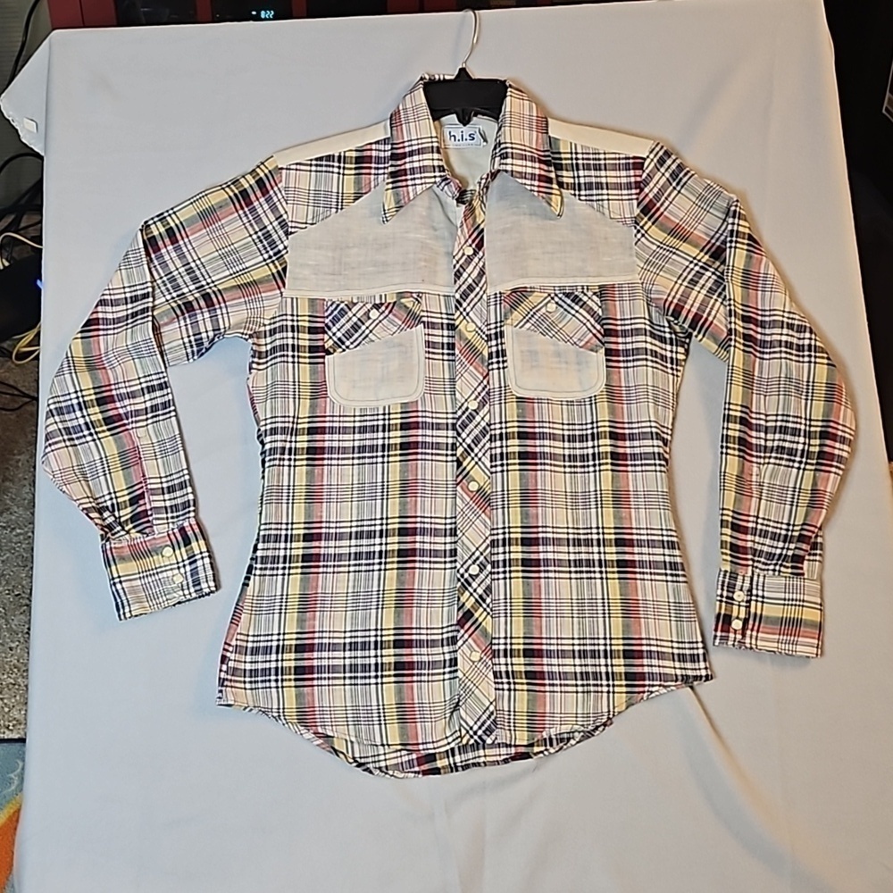 Vintage H.I.S Western Pearl Snap Shirt  sz M Plaid with  Cream accent yoke and